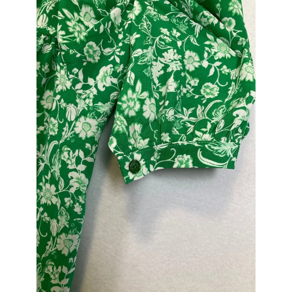 Cottagecore Dokotoo Women Large Green White Floral Puff Sleeve V-Neck Mini Dress - Picture 7 of 14